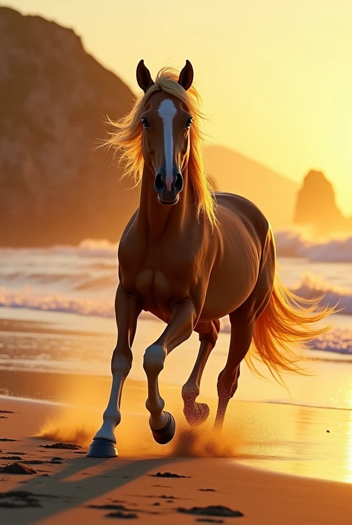 Golden mustang horse running on the beach at twilight 