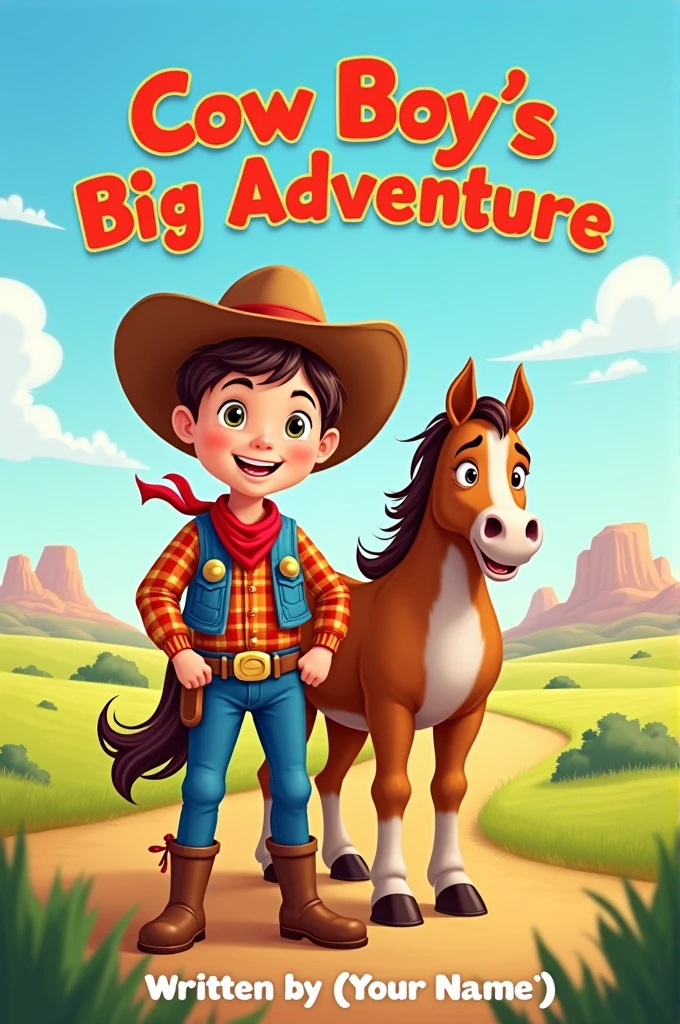 "A lively cover illustration featuring Cow Boy, a cheerful young boy in a cowboy hat, a plaid shirt, denim jeans, and sturdy boots, standing proudly next to his playful horse named Star. The backdrop is a sunny, open prairie with a clear blue sky, green grass, and a few fluffy clouds. The title 'Cow Boy's Big Adventure' is prominently displayed at the top in a fun, child-friendly font. At the bottom reads 'Written by [Your Name]' in a smaller, whimsical font."