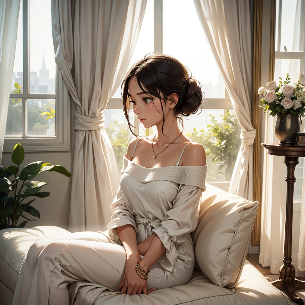Pose: Woman standing or sitting near a window, gazing thoughtfully outside. Her body can be slightly turned towards the window, with one hand gently touching the window frame or resting in her lap.
Expression: Reflective and serene, with a soft, distant gaze that conveys a sense of calm and introspection.
Attire: Soft, flowing attire such as a cozy sweater, a delicate dress, or a casual yet elegant outfit that complements the peaceful mood.
Hair: Styled naturally, with loose waves, a soft bun, or straight hair that falls gently around her shoulders.
Makeup: Natural and glowing, with warm tones that enhance her features without being overpowering.
Background: A softly lit room with a large window, allowing natural light to create a warm, inviting atmosphere. The view outside could be a garden, cityscape, or a serene landscape.
Lighting: Natural light streaming through the window, creating a soft glow on her face and adding depth to the image.
Accessories: Minimal, such as a delicate necklace, a simple bracelet, or a cozy blanket draped over her shoulders.
Props: Optional, such as a cup of tea, a book, or a soft pillow, adding to the cozy, reflective atmosphere.
Mood: Calm, dreamy, and introspective.