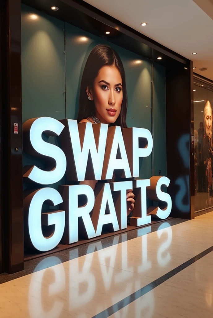 Realistic photo, huge 3D transparent wall tipograpy in hotel lobby with the word "SWAP GRATIS" with the image of a very beautiful Indonesian woman, in front of the image proudly displays large 3D letters inscribed "STRESS CREATOR" written in Indonesian very clearly in the writing details, with bright lighting