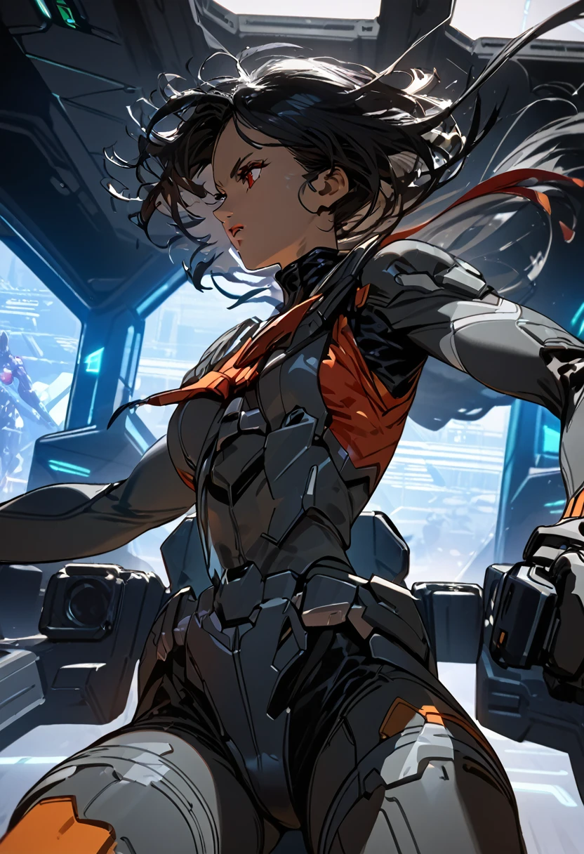 a beautiful detailed eyes, beautiful detailed lips, extremely detailed eyes and face, long eyelashes, black skin woman, mecha pilot, black short hair,black pilot suit,cockpit,super soldier red eyes, hair lisse, piloting, (best quality,4k,8k,highres,masterpiece:1.2), concept art, cinematic lighting, dynamic pose, dramatic colors, intricate detail, futuristic, sci-fi