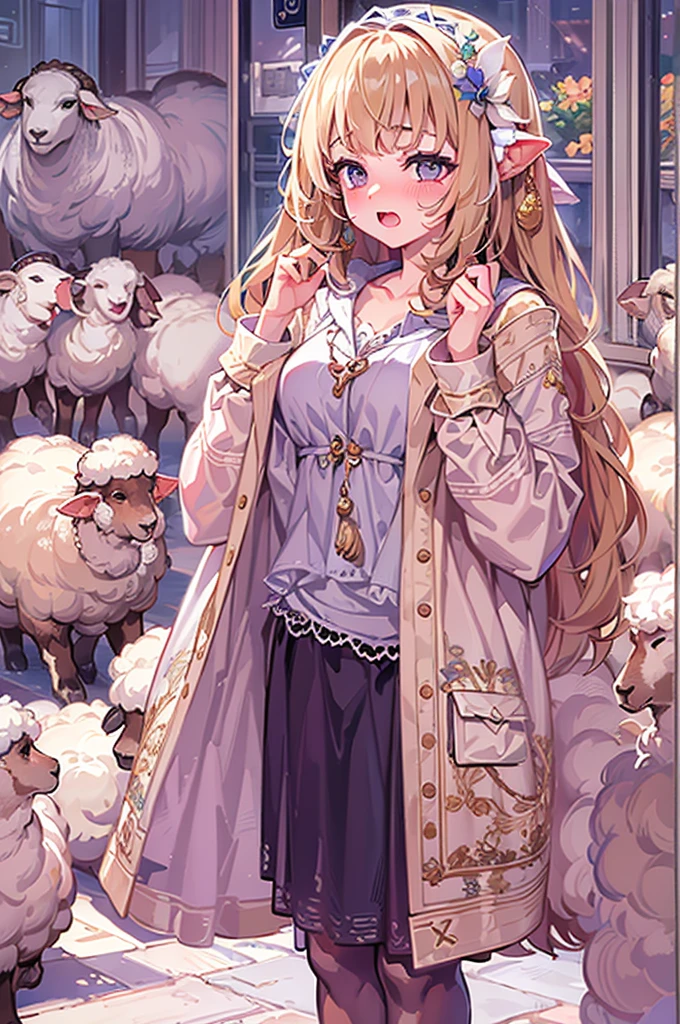 masterpiece, Highest quality, 8k, Beautiful pixel art, Vivid, Sheep, young woman, crying with eyes open, ((@ @:1.3)), I&#39;m worried, Open your mouth, Full body portrait, (Fluffy pink hair:1.3, Long Hair, Hair like sheep's hair), (Thick eyebrows), one piece, Pink clothes, Long skirt, cardigan, 水色のcardigan, shoes, 茶色いshoes