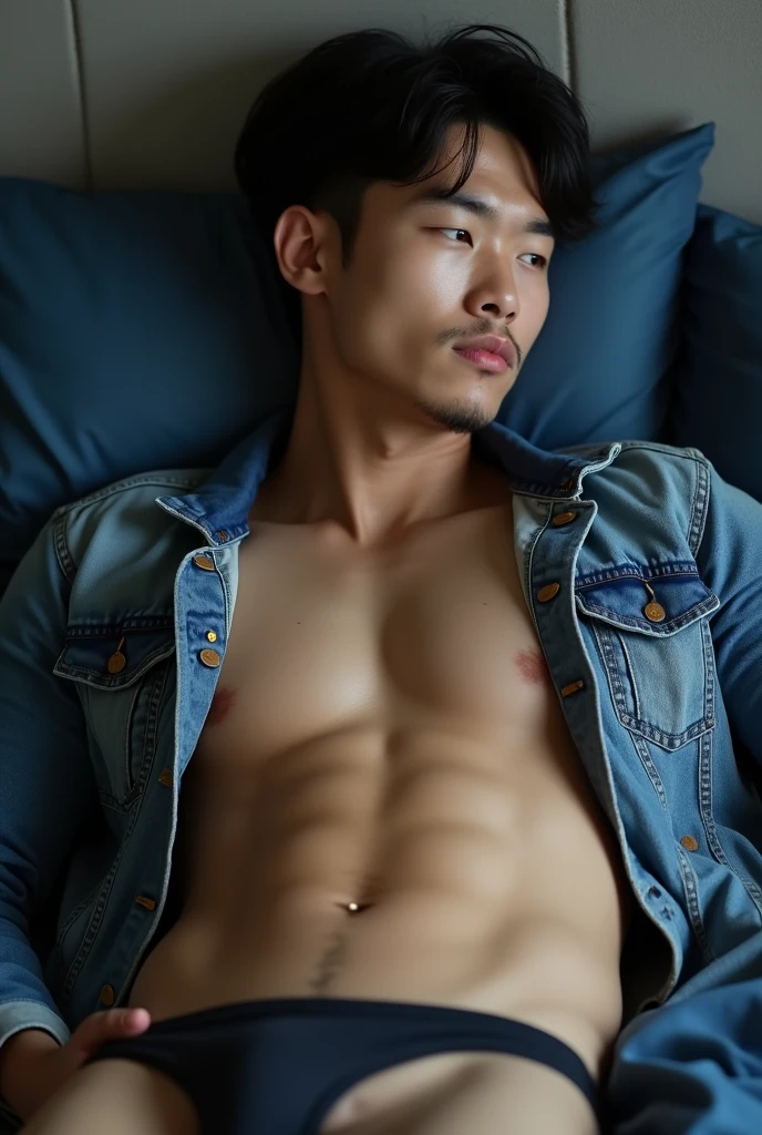 (8K, RAW photo, Highest quality),Realistic,1asian man,frontage，Intricate details,Closed mouth,Extremely detailed eyes and eyelashes，Delicate headgear，Muscular male,Manly,looks away, Male focus,Solo, wearing jean jacket, button opened , Exposing the pectoral muscleposing a black thong panties，Knock on the buttocks，Lie down in bed，navy blue bed sheets, grey wallpaper ，No shoe full body esbian,Soft lighting,Cinematic lighting,Portrait,Close-up,Lovingly（（The crotch is raised））