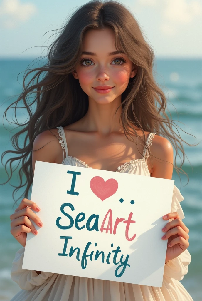 Beautiful girl with wavy long hair, bohemian dress, holding a white board with text "I Love Seaart Infinity" and showing it to the viewer