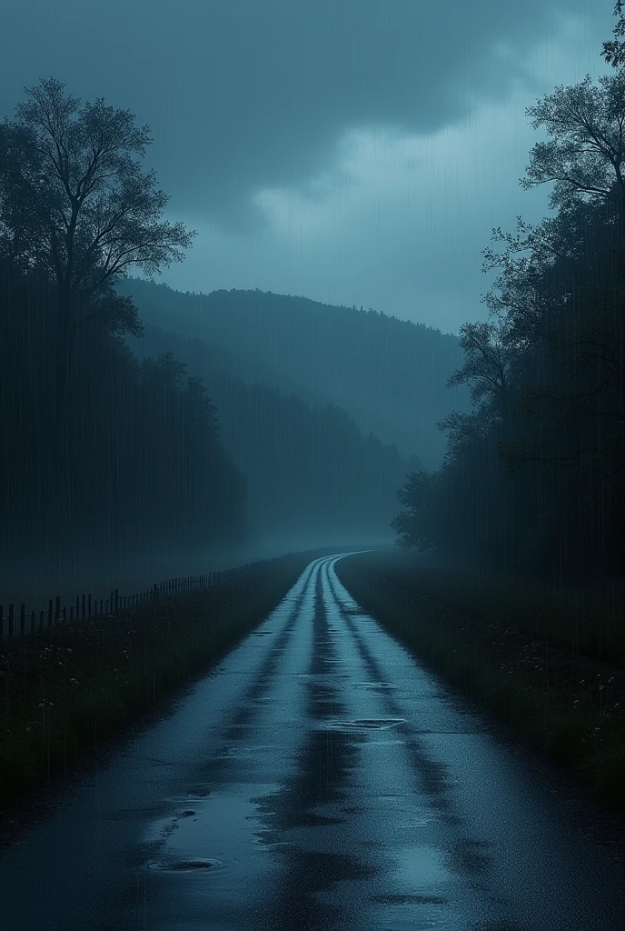 A beautiful scenery in dark night on the road with rain without man