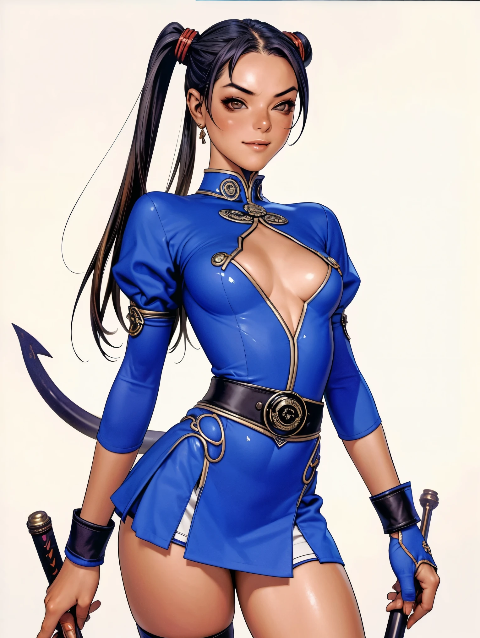 Create a cool character for a gacha game based on the game Zenless Zone Zero, female character in devil clothes in warm colors, S-level fire elemental character, devil horns and tail, beautiful and cute face, corpo de nymph, lolly, haughty, devilish smile, wielding a serrated sword, pose de atitude, A beautiful , , super skinny, short mini skirt, wide belt, garter belt with black tights, thigh holster, breasts small, perfect little ass, narrow hip, Waist slender, pose sexly, ((ponytailhair style))), posing for manga cover photo, dynamic pose, malicious smile, seductiv, malicious, obscene, shamelessly, young, Stupid, nymph, manga style, random ethnicity, (((MMA fighter))), ((( blue dress ))), (((bandaged arms))), ((high collar)), (((darkskin)), (((micro skirt with vertical seams))), (((best qualityer: 1.4))), (Unbeatable masterpiece), (hiper HD),(CG 8k hyper-realistic), (((hyper feminine))), sexly girl, king of fighter, ((( sculptural body ))), (((1 girl))), garota de 14歳m perfectbody e magro,Beautiful and well-groomed face, (Head to thigh photos), Complex equipment, (((standing alone))), pirralha violent, (((14歳)))exly, pose de atitude, work of art, (((manga style))), bounty hunter, violent, Manic, evil face with malicious smile, slenderbody, thin but strong, perfectbody, roupa moderna, advanced technology, neon, sleeves with vertical striped pattern, neutral background, (( cowboy shot )). intricate visual