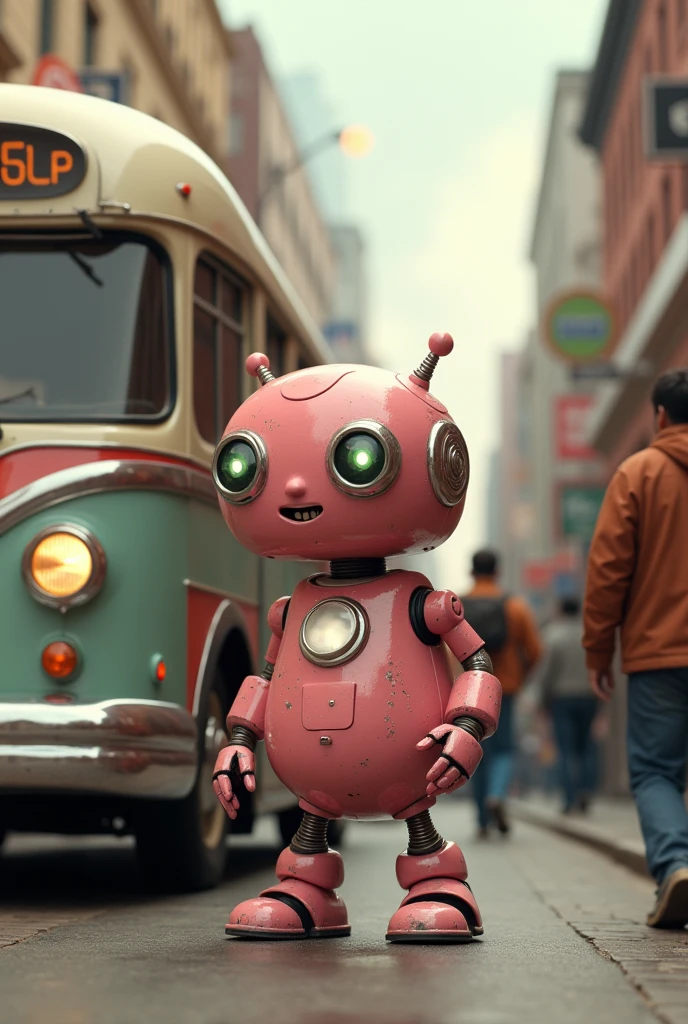 Make a robox guy he is pink make him get on the bus
