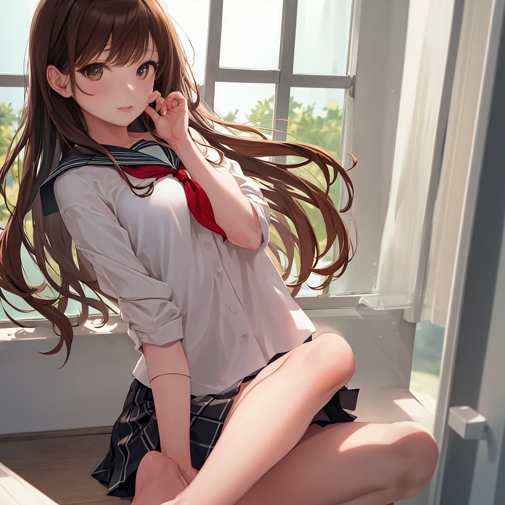 masterpiece, Highest quality, High resolution,whole body, 1 girl, Rei Miyamoto,Brown Hair, Long Hair, bangs, Brown eyes, Medium chest,Sailor suit with green collar, White shirt, Black Skirt, Checked skirt, sliding door,School,In front of an open window,Hair blowing in the wind,I can see the ground from the window,Detailed Background,Detailed fingers,Fine hand,Detailed eyes,Detailed lips,It&#39;s not an unnatural hand.,Not an unnatural finger,Sit by the window,Cleavage,Unbutton the chest,Cleavage,blush,Pulling on panties,