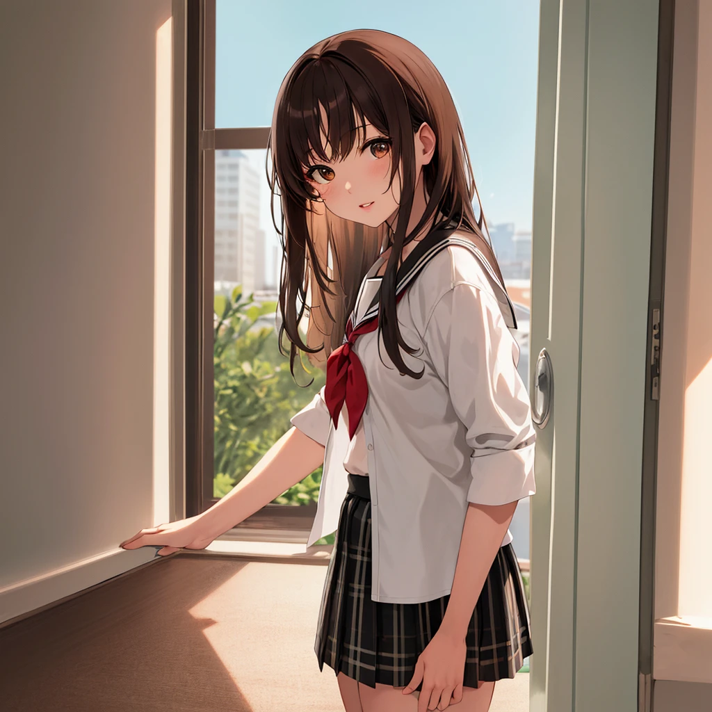 masterpiece, Highest quality, High resolution,whole body, 1 girl, Rei Miyamoto,Brown Hair, Long Hair, bangs, Brown eyes, Medium chest,Sailor suit with green collar, White shirt, Black Skirt, Checked skirt, sliding door,School,In front of an open window,Hair blowing in the wind,I can see the ground from the window,Detailed Background,Detailed fingers,Fine hand,Detailed eyes,Detailed lips,It&#39;s not an unnatural hand.,Not an unnatural finger,Sit by the window,Cleavage,Unbutton the chest,Cleavage,blush,Pulling on panties,