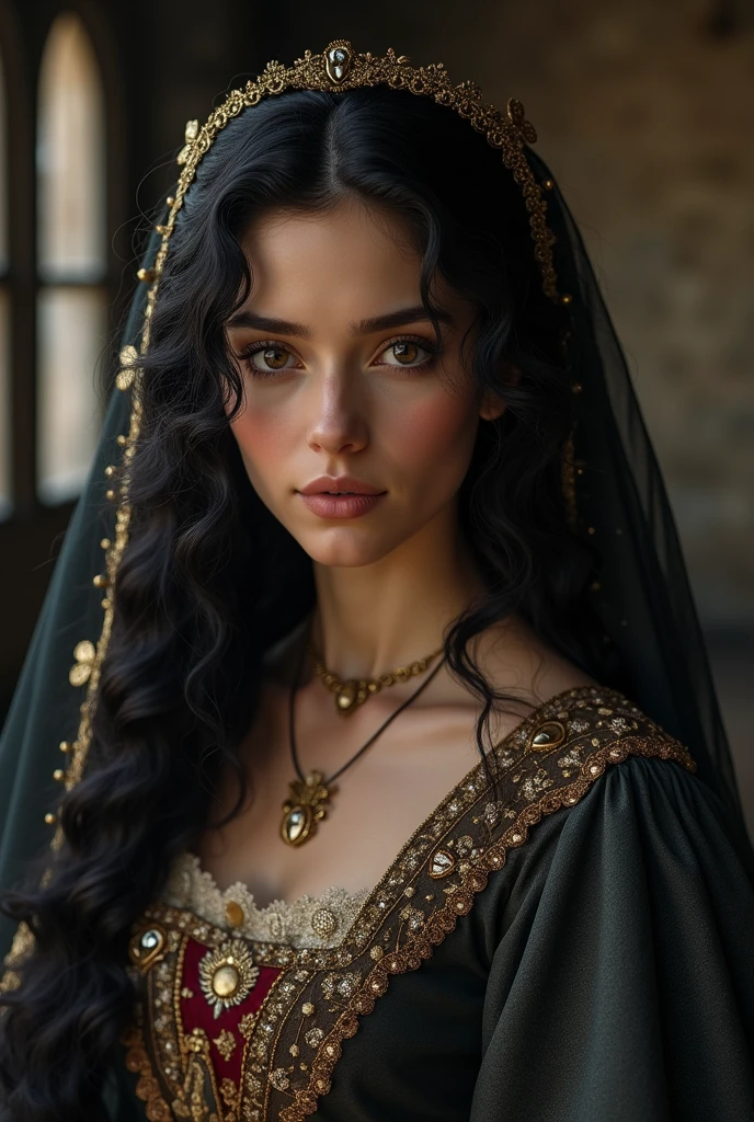 A brunette woman with long black curly hair wearing medieval era clothing