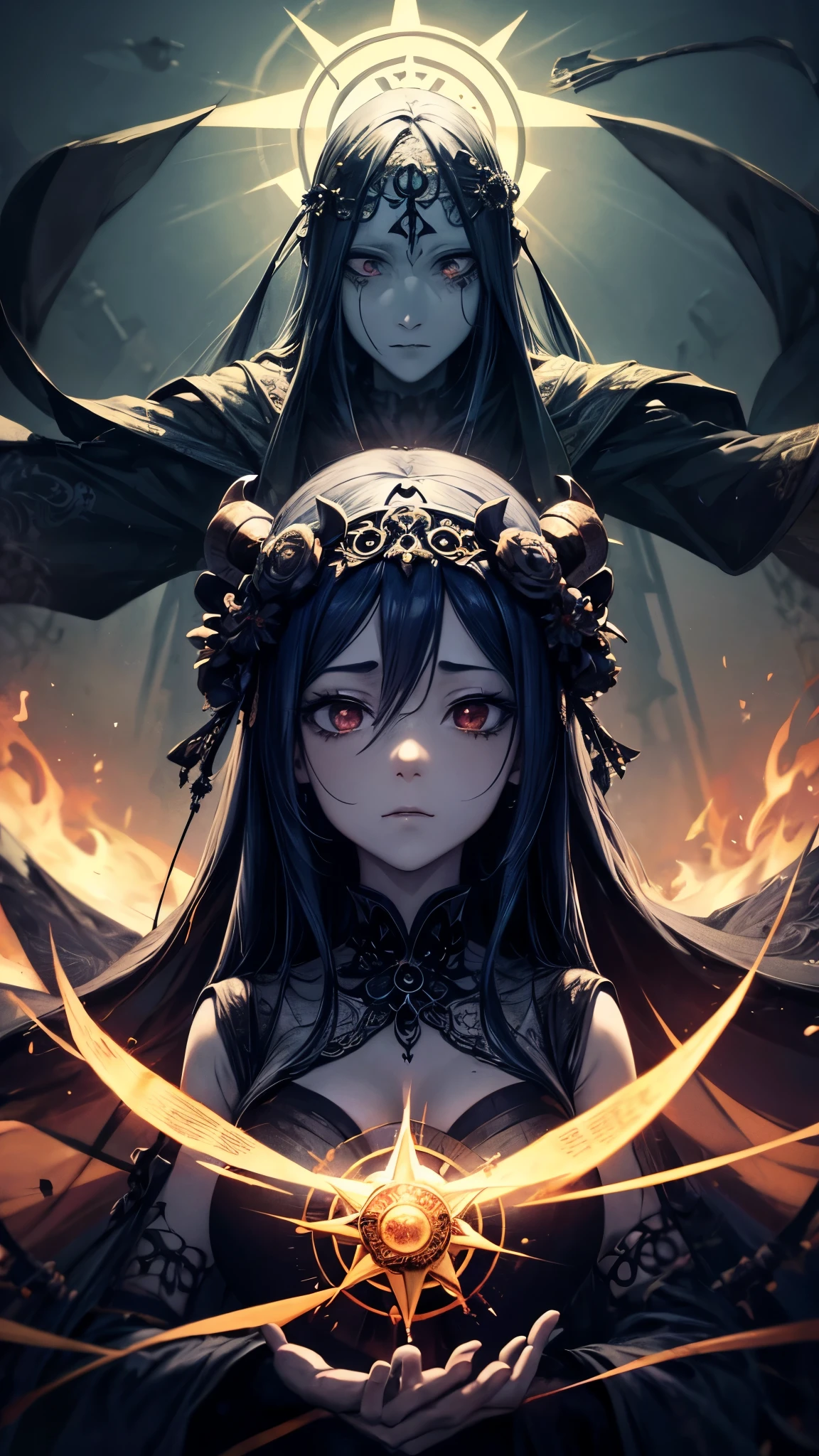 a art of a woman with a sun crown on her head, (((occult art))), extremely detailed goddess ancient hisako art, hisako goddness. extremely detailed, occult inspired, demon gods illumination, (faded drawing :1.2), snobbish face, (gothic art style, eerie art style :1.3), faded colors