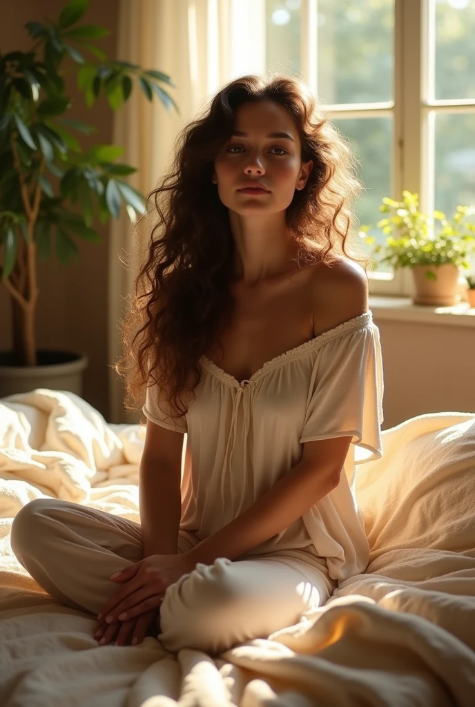 (photorealism:1.2), beautiful woman, sitting on bed, wearing loose off-shoulder top, pajama pants, long curly hair, indoors, soft lighting, plants in background, window with sunlight, cozy room, relaxed pose, realistic, intricate details, warm colors, by Greg Rutkowski, by Alphonse Mucha