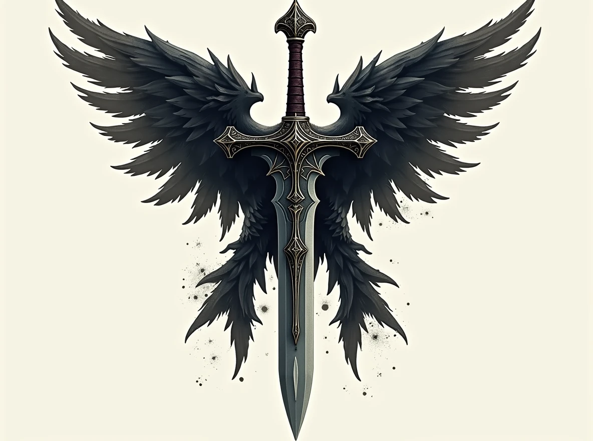 ((Replace the sword with an Athame dagger)), featuring a thin, double-edged blade and a decorative handle. Ensure the 'A' shape and the wings remain intact and unchanged. The Athame should fit naturally into the design, maintaining the same alignment and position as the original sword, with the overall dark fantasy aesthetic.