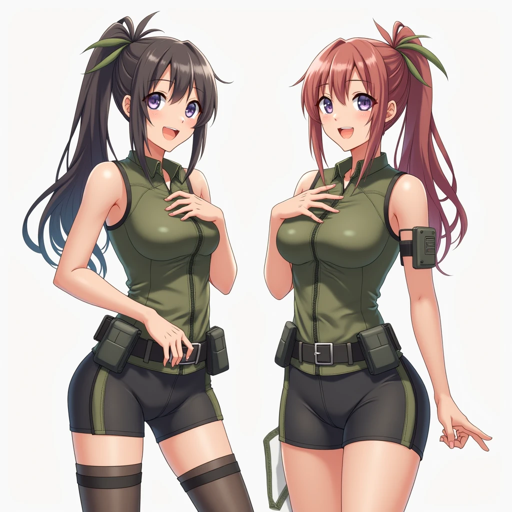 Two lightly armed beautiful girl soldiers wearing compression shorts. Anime style. Small breasts.