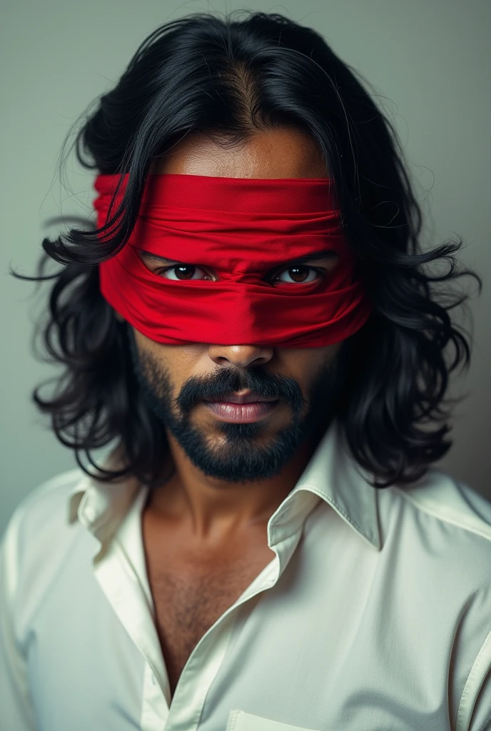 A Bengali man with long hair and red cloth covering his eyes and anger on his face and he wire white shirt