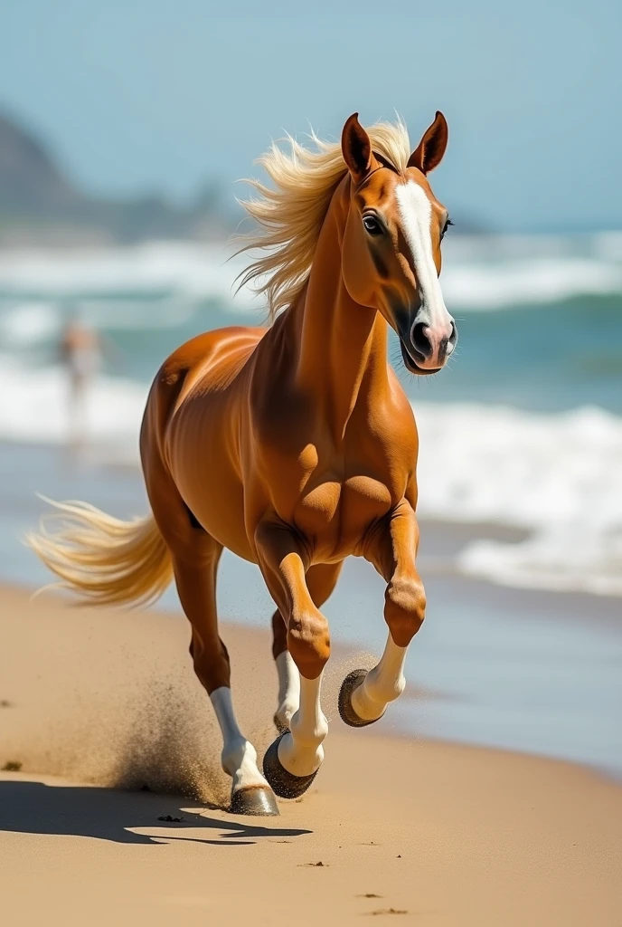 Golden mustang horse running on the beach