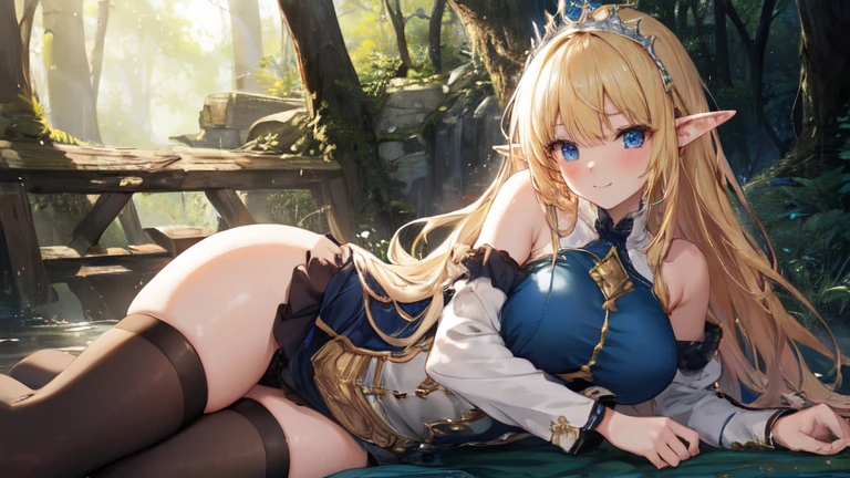 best quality、Highest image quality、Super beautiful elf beauty((22-year-old OL with big bust、Bust 90,Beautiful long permed hair、Blonde、Slender、beautiful tiara、high quality、Elf ears、Happy smile、myth、Sexy的、extremely good、Mysterious Forest、in the woods、super high quality, Super detailed, Ultra-clear, forest, one person, long blonde hair, sleep, Swimsuit, beautiful color clothes, mini skirt, Stockings, Sexy,