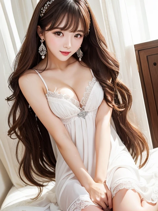((Highest quality、High resolution))、((medium shot:1.5))、A neat and pretty woman、Perfect body、Beautiful breasts、(Medium Hair)、bangs、embellished sexy dress、Sexually excited expression、