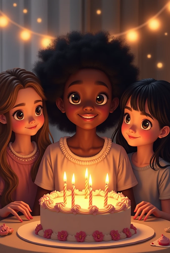 girl's birthday( black) who celebrates with her 3 friends( 2 with brown hair and another with black hair)