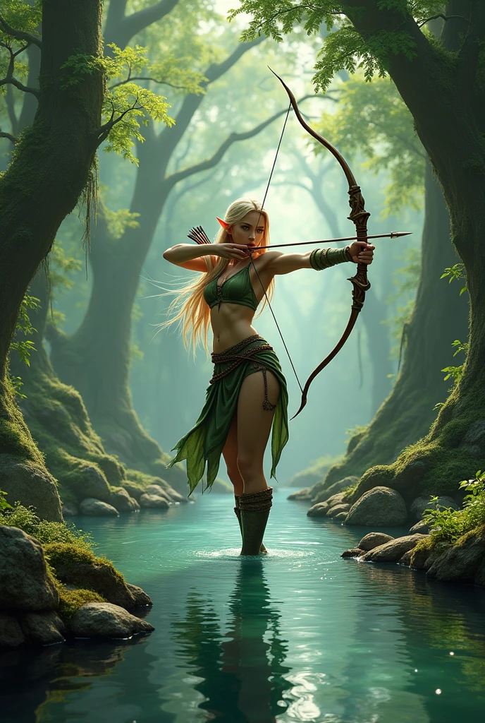 (best quality,8K,highres,masterpiece:1.2), ultra-detailed, realistic, photorealistic:1.37, fantasy, full body shot, elf woman, archer, long blond straight hair, light archer's outfit, wading in a forest stream, aiming with long bow, Realistic,Photorealism