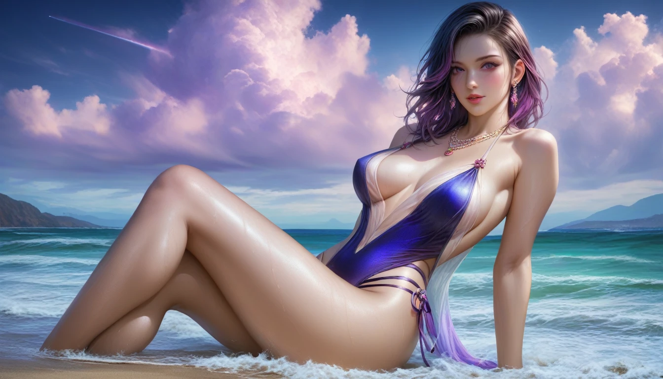 score_9, score_8_superior, score_7_superior, A masterpiece in 32K resolution,Highest quality,it is really amazing,Very detailed,Ultra-high resolution,Ultra-realistic,Realistic,Increased depth of field,Cinematic lighting,
Sexy mature Japan woman,
black straight medium hair,Ultra-detailed and beautiful face,Gentle expression,Translucent white skin,Realistic skin texture,
Elegant swimwear,
Elegant and luxurious design,Colorful color patterns,Beautifully detailed decoration,Detailed fabric texture,
Gorgeous necklace,Earrings,
Dark skies before the storm,Dark clouds covering the dark sky,Thunderclouds rolling in,Coastline at night,Stormy seas,delay々A desolate sandy beach that continues,
Dramatic Angle,Great proportions,sitting on the beach,