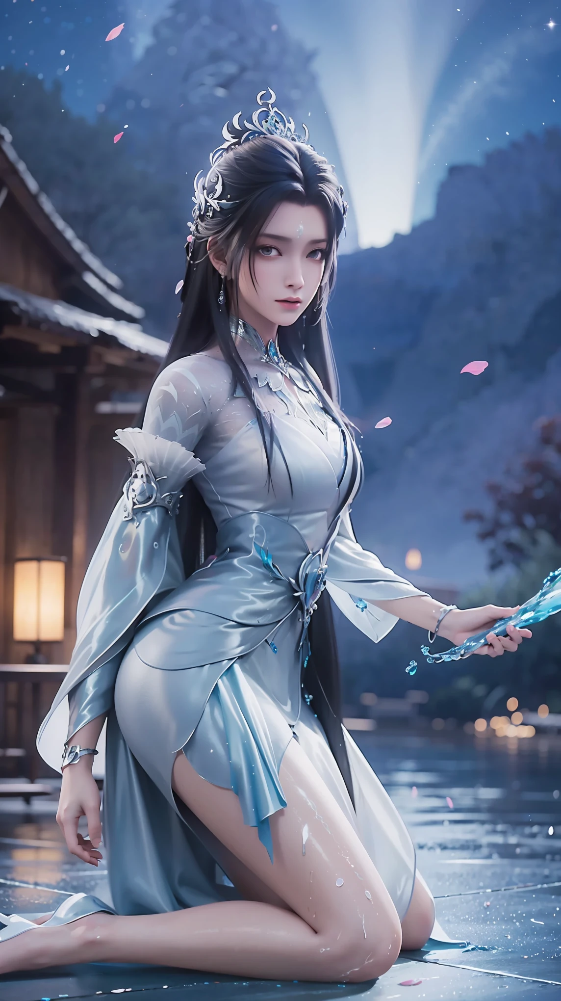 Cartoon woman kneeling on the starry sky, Water splashes at the knees，CG Social Trends, Smooth anime CG art, Starry sky background，Full body view，Royal sister kneeling posture
