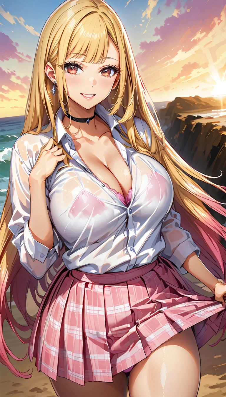 (Highest quality:1.2, Anime artwork, Very detailed, Attention to detail, digital coloring, High Contrast, masterpiece:1.2, Highest quality, Best aesthetics), (((kitagawa marin, 1 girl))), (blonde, Straight Long Hair, Pink gradient hair, Red eyes, Earrings, White shirt, Black choker, Check skirt,,smile, Are standing, Cowboy Shot, Sunset on the beach、Detailed Background),Big Breasts:1.2、Cleavage、See through 、Lightweight shirt、(Pink underwear、Underwear is visible)、Perfect hands、Beautiful fingertips