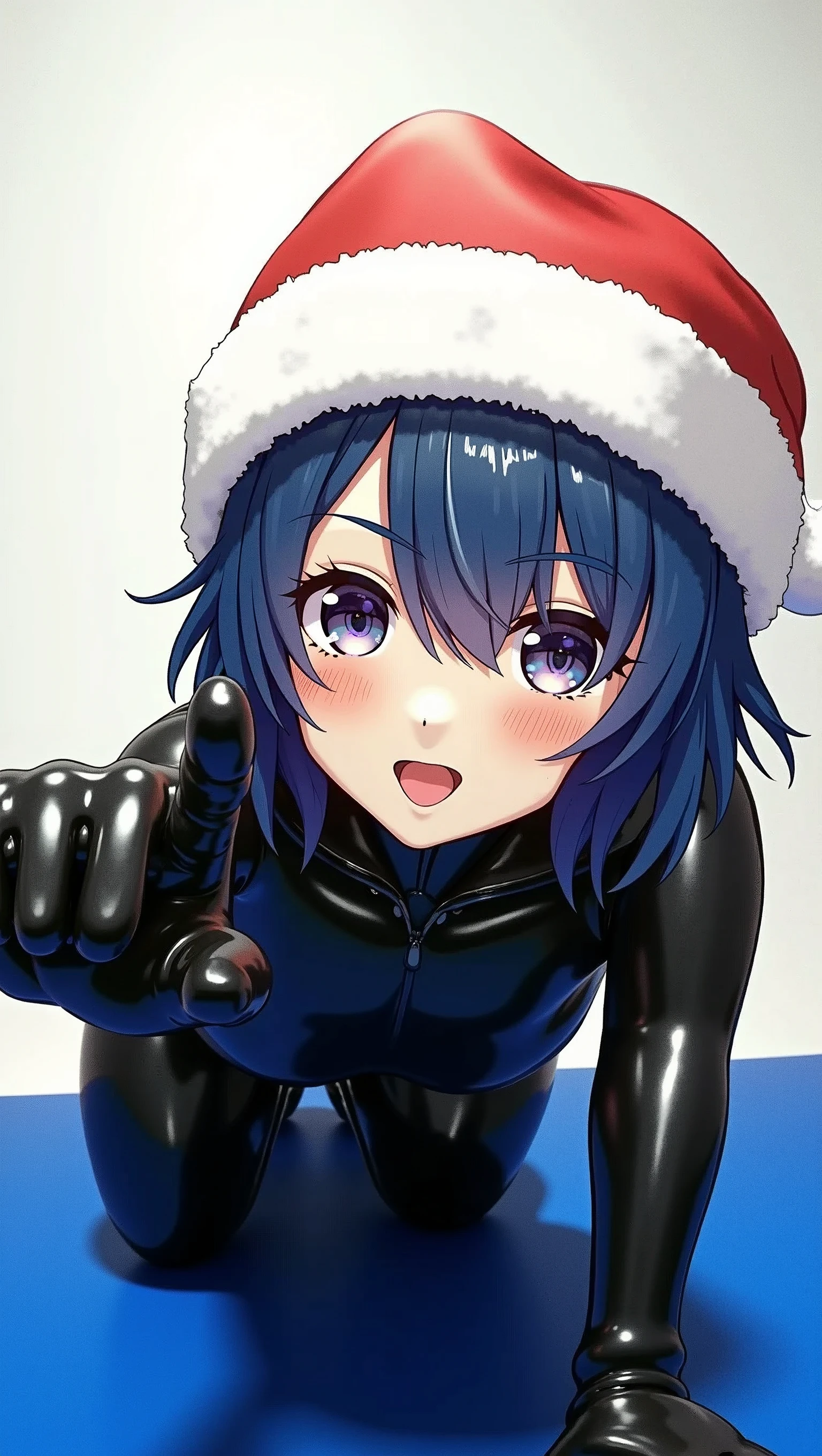 1girl, anime, blue hair, latex suit, standing, cute face, santa hat, kigurumi mask, on all fours, hands pointing, shiny, sweat, glossiness, metallic sheen, best quality, 4k, 8k, highres, masterpiece:1.2, ultra-detailed, realistic, photorealistic:1.37, HDR, UHD, studio lighting, ultra-fine painting, sharp focus, physically-based rendering, extreme detail description, professional, vivid colors, bokeh