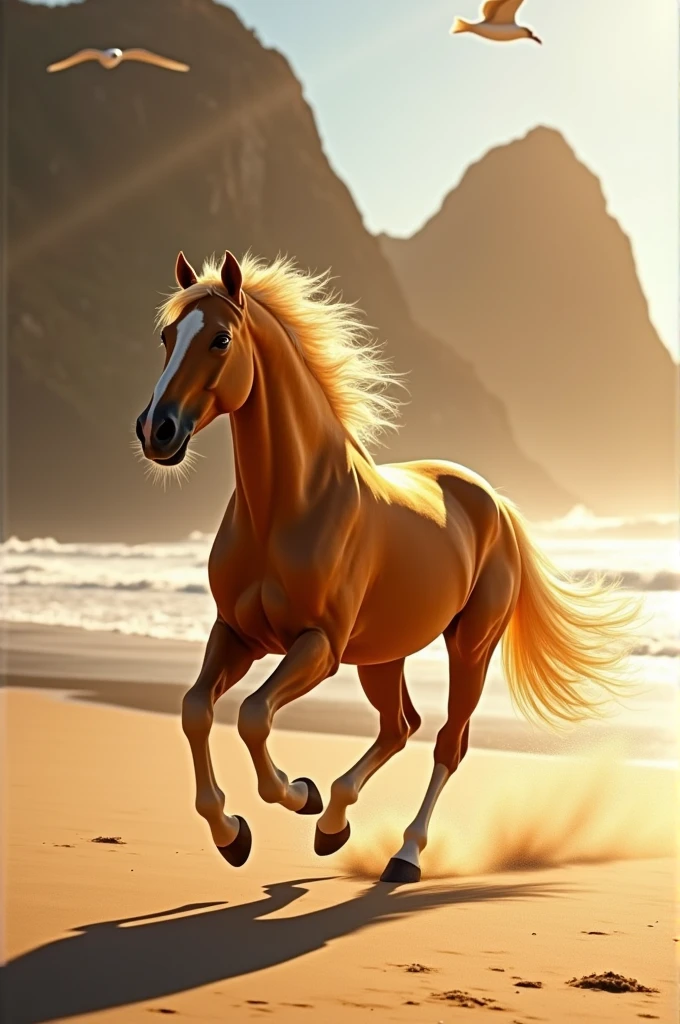 Golden mustang horse running on the beach