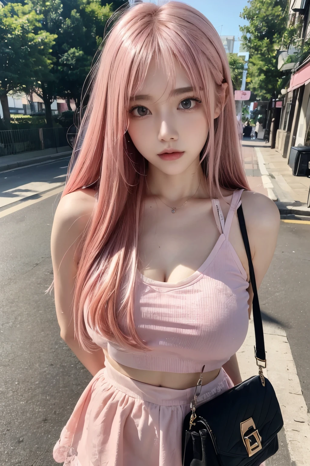 masterpiece,Highest quality,Very detailedな,(Take in the view),Black Hair,Realistic,20-year-old,(Bokeh),Sweat,blush,,(orgasm),Natural pose, artistic、Very detailed,(((Beautiful pink hair, Beautiful Eyes, Long Hair, ))),Pink Hair Color、Hair with movement、The wind is blowing、Ribbon Camisole、Micro Mini Skirt、Because it was tilted、Shoulder bag、
