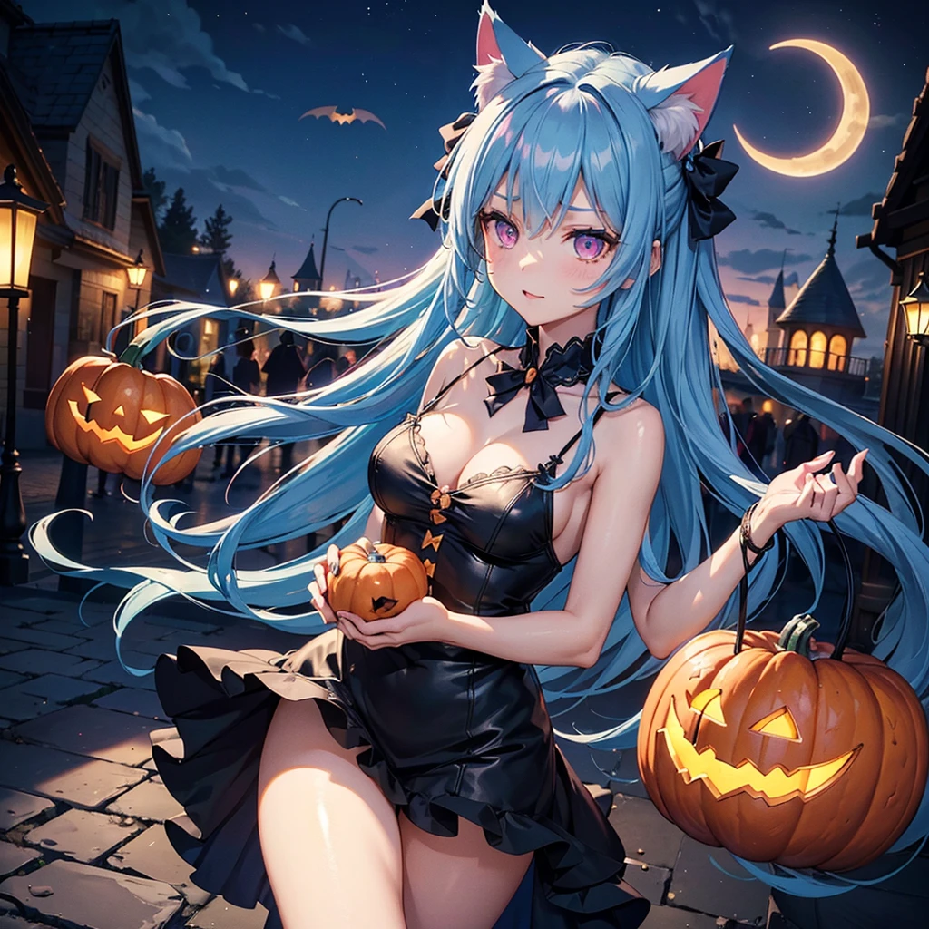(Sky blue hair),(Medium Hair), (Pink Eyes),Fair skin) ,(whole body),(One Girl),(Crescent Moon),(There are lots of pumpkin ghosts in the background),Cat ear,Cat clothes,(Ahegao),Fall into Darkness,If you don't give me sweets, I'll play a prank on you.),Halloween Night Party),(masterpiece, Highest quality, Very detailed, Best Shadow), (Detailed Background), (Beautifully detailed face), High Contrast, (Best lighting, Very delicate and beautiful), ((Cinematic Light)), Hyper Detail,8k, Dramatic Light, Intricate details,night,(Bats flying in the background),Pumpkin handbag,There are sweets in the bag,