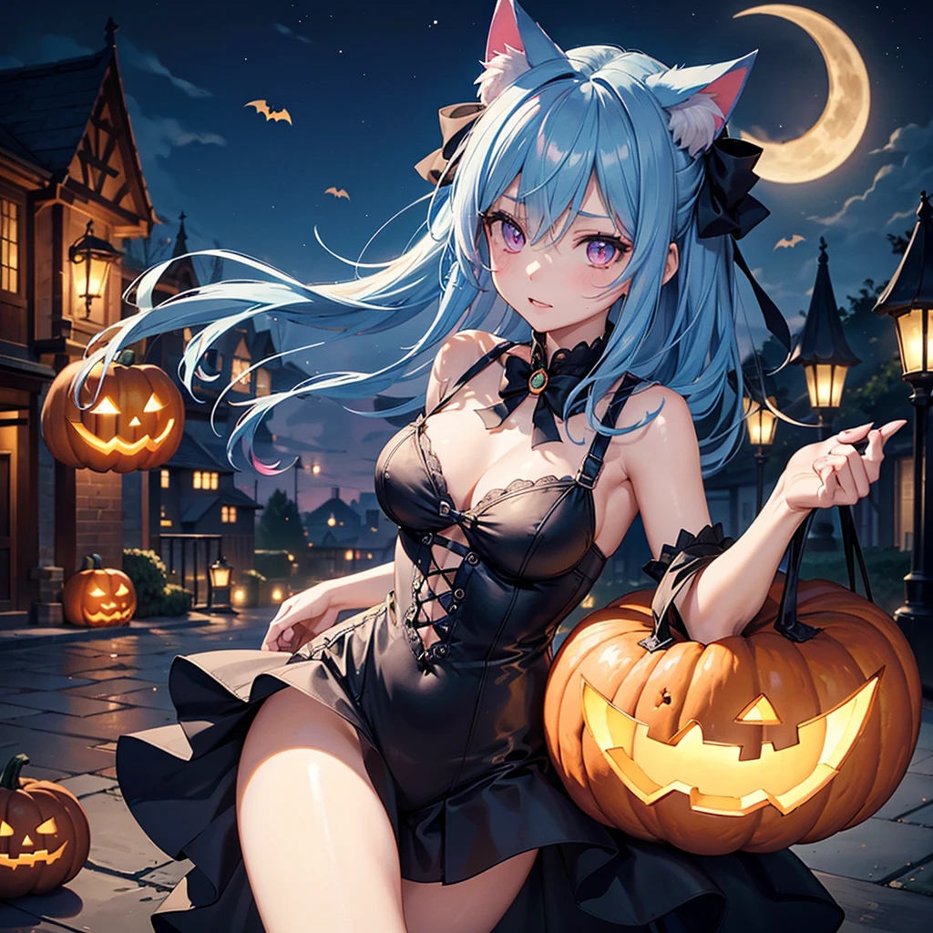 (Sky blue hair),(Medium Hair), (Pink Eyes),Fair skin) ,(whole body),(One Girl),(Crescent Moon),(There are lots of pumpkin ghosts in the background),Cat ear,Cat clothes,(Ahegao),Fall into Darkness,If you don't give me sweets, I'll play a prank on you.),Halloween Night ),(masterpiece, Highest quality, Very detailed, Best Shadow), (Detailed Background), (Beautifully detailed face), High Contrast, (Best lighting, Very delicate and beautiful), ((Cinematic Light)), Hyper Detail,8k, Dramatic Light, Intricate details,night,(Bats flying in the background),Pumpkin handbag,There are sweets in the bag,
