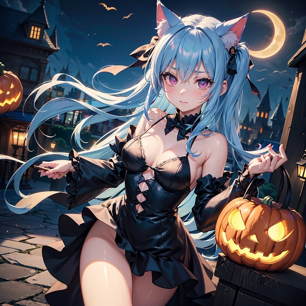 (Sky blue hair),(Medium Hair), (Pink Eyes),Fair skin) ,(whole body),(One Girl),(Crescent Moon),(There are lots of pumpkin ghosts in the background),Cat ear,Cat clothes,(Ahegao),Fall into Darkness,If you don't give me sweets, I'll play a prank on you.),Halloween Night Party),(masterpiece, Highest quality, Very detailed, Best Shadow), (Detailed Background), (Beautifully detailed face), High Contrast, (Best lighting, Very delicate and beautiful), ((Cinematic Light)), Hyper Detail,8k, Dramatic Light, Intricate details,night,(Bats flying in the background),Pumpkin handbag,There are sweets in the bag,
