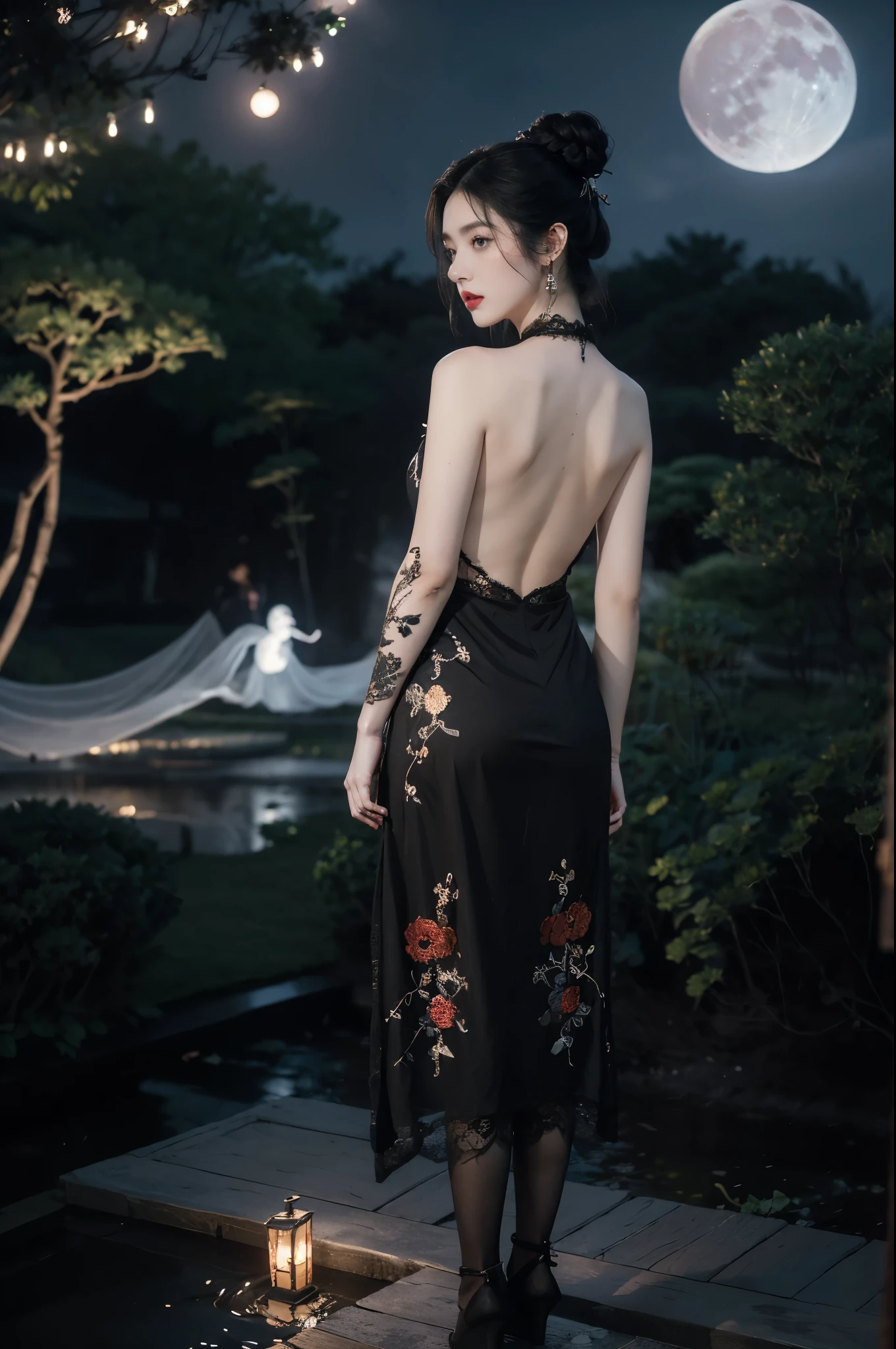 (((best quality))),(((ultra detailed))),(((masterpiece))),illustration,((1 beautiful girl,solo)),(bun hair:1.2),(Ghostly makeup:1.3),(fair skin:1.5),(red lips:1.2),((earrings,necklace)),((slim,thin)),((bare back,towering hips,butt crack)),(black floral embroidered lace bellyband:1.5),(thigh loop:1.3),(stockings:1.3),(standing:1.3),(A huge moon in the sky:1.3),(moonlit Chinese garden courtyard:1.3),(Ghost Festival:1.3),(Ghostly flames are drifting in the air:1.3),elegant and sophisticated,intricate patterns,curves,dark color,striking visual appeal,ethereal,enchanting,ghostly black blossoms,swaying branches,stone pathways,moss,eerie shadows,ancient pavilion,intricate wooden structure,mystery and intrigue,cicadas chirping,auditory symphony,embodiment of the festival's spirit,bathed in the moon's glow,delicate features,raven-black hair,waterfall of darkness,moon's luminance,captivating allure,sleek fabric,clung to frame,accentuating curves,highlighting beauty,striking appearance,ethereal beauty,hauntingly beautiful scene,captured essence,blend of beauty and mystery,(night scene:1.3),((from back,upper body))