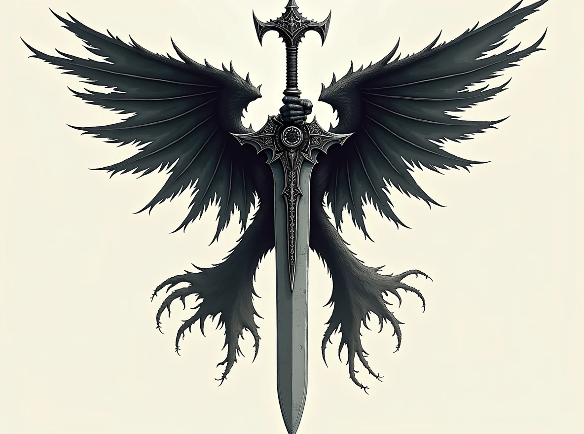 Replace the sword with an Athame dagger, featuring a thin, double-edged blade and a decorative handle. Ensure the 'A' shape and the wings remain intact and unchanged. The Athame should fit naturally into the design, maintaining the same alignment and position as the original sword, with the overall dark fantasy aesthetic, ((Adaga Voadora)).