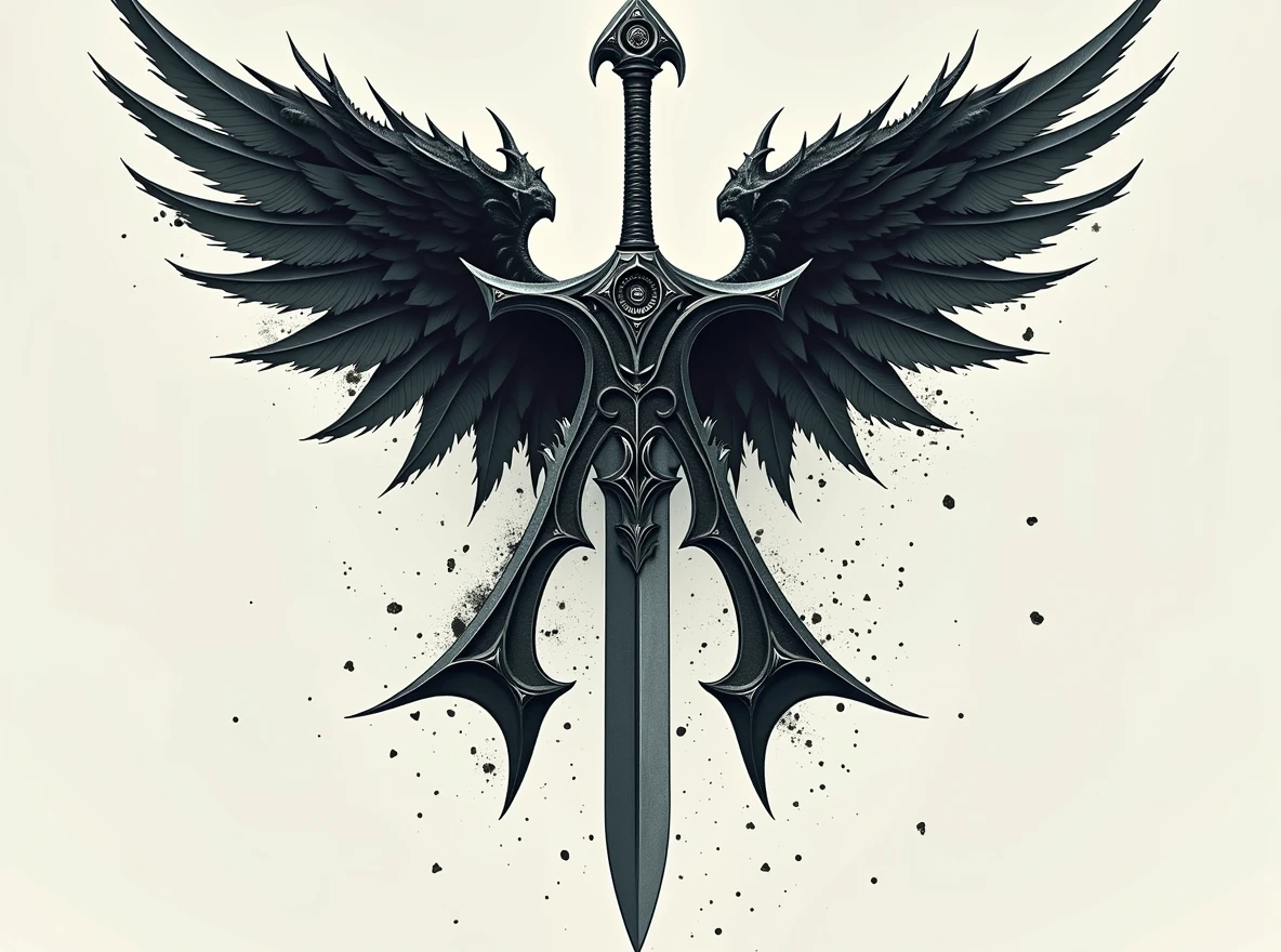 Replace the sword with an Athame dagger, featuring a thin, double-edged blade and a decorative handle. Ensure the 'A' shape and the wings remain intact and unchanged. The Athame should fit naturally into the design, maintaining the same alignment and position as the original sword, with the overall dark fantasy aesthetic, ((Adaga Voadora)).