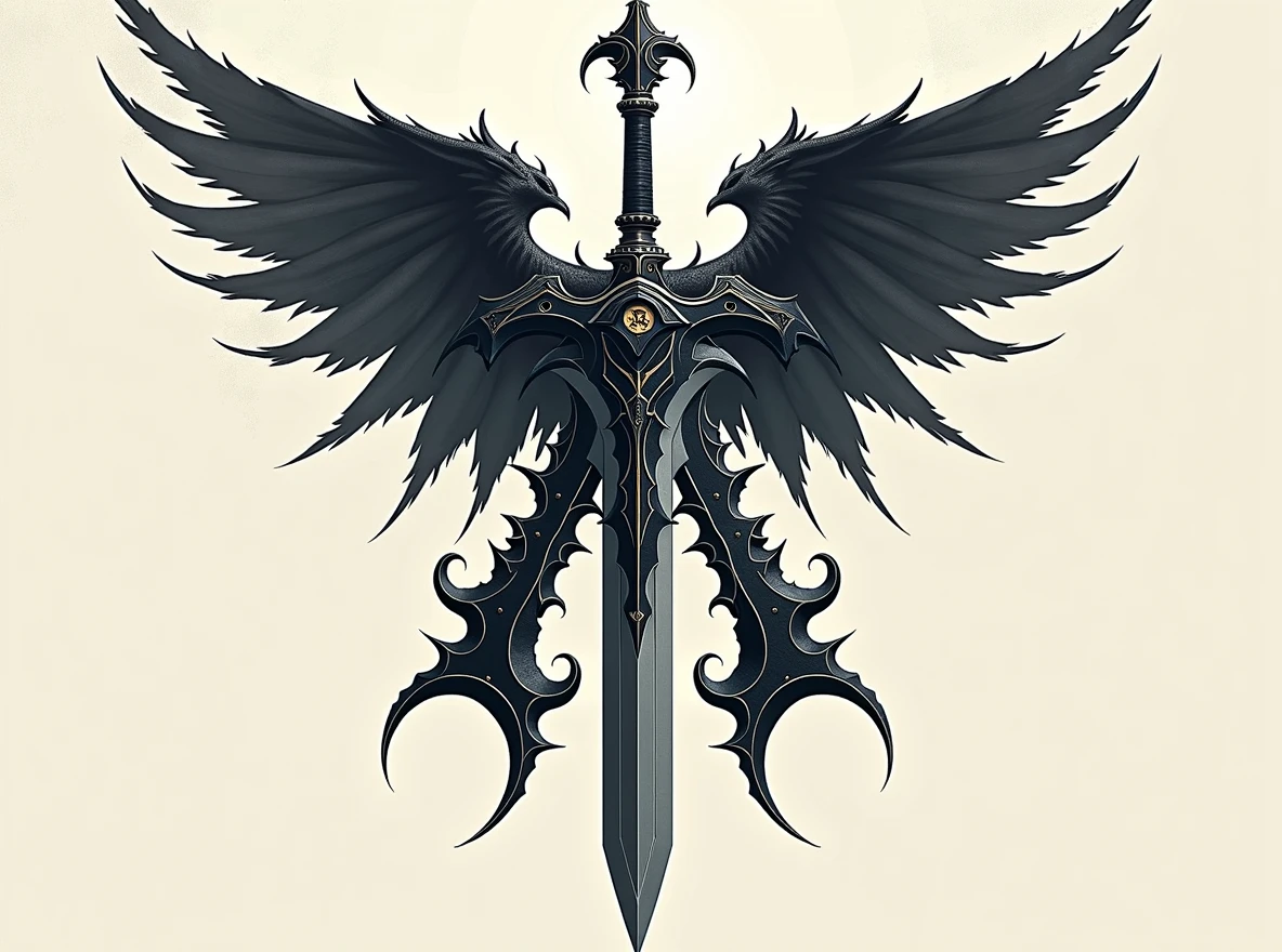 Replace the sword with an Athame dagger, featuring a thin, double-edged blade and a decorative handle. Ensure the 'A' shape and the wings remain intact and unchanged. The Athame should fit naturally into the design, maintaining the same alignment and position as the original sword, with the overall dark fantasy aesthetic, ((Adaga Voadora)).