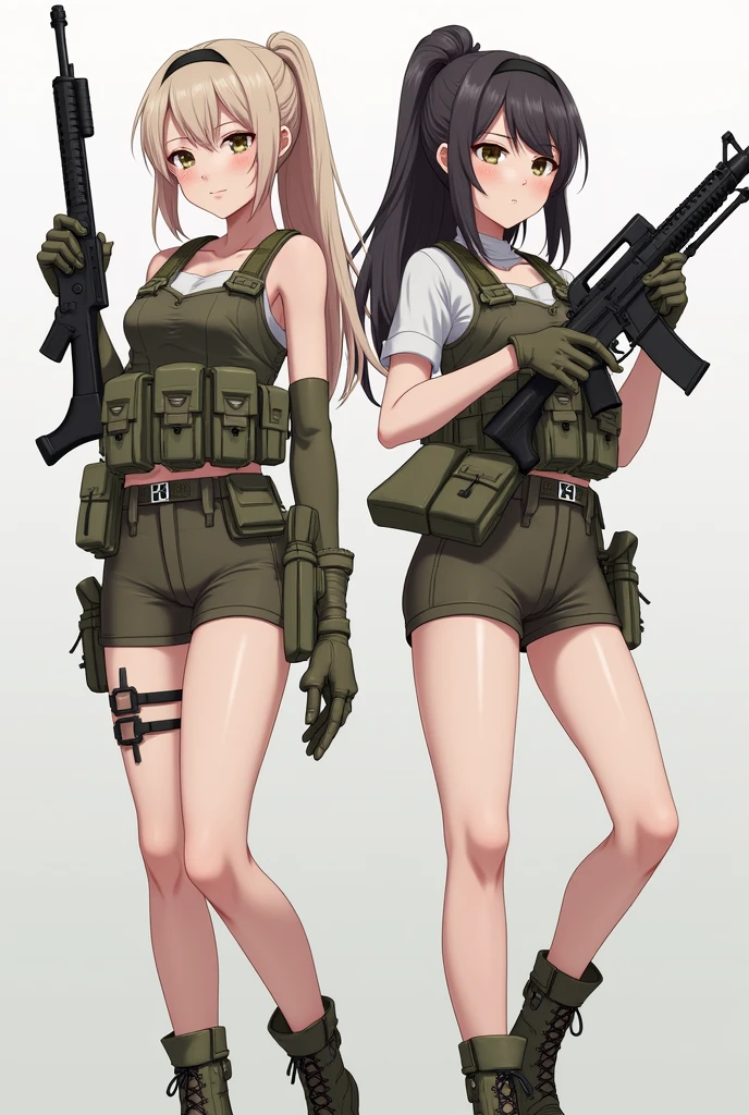 Two lightly armed beautiful girl soldiers wearing compression shorts. Anime style. Small breasts.