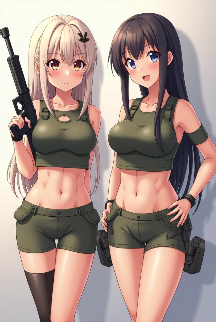 Two lightly armed beautiful girl soldiers wearing compression shorts. Anime style. Small breasts.
