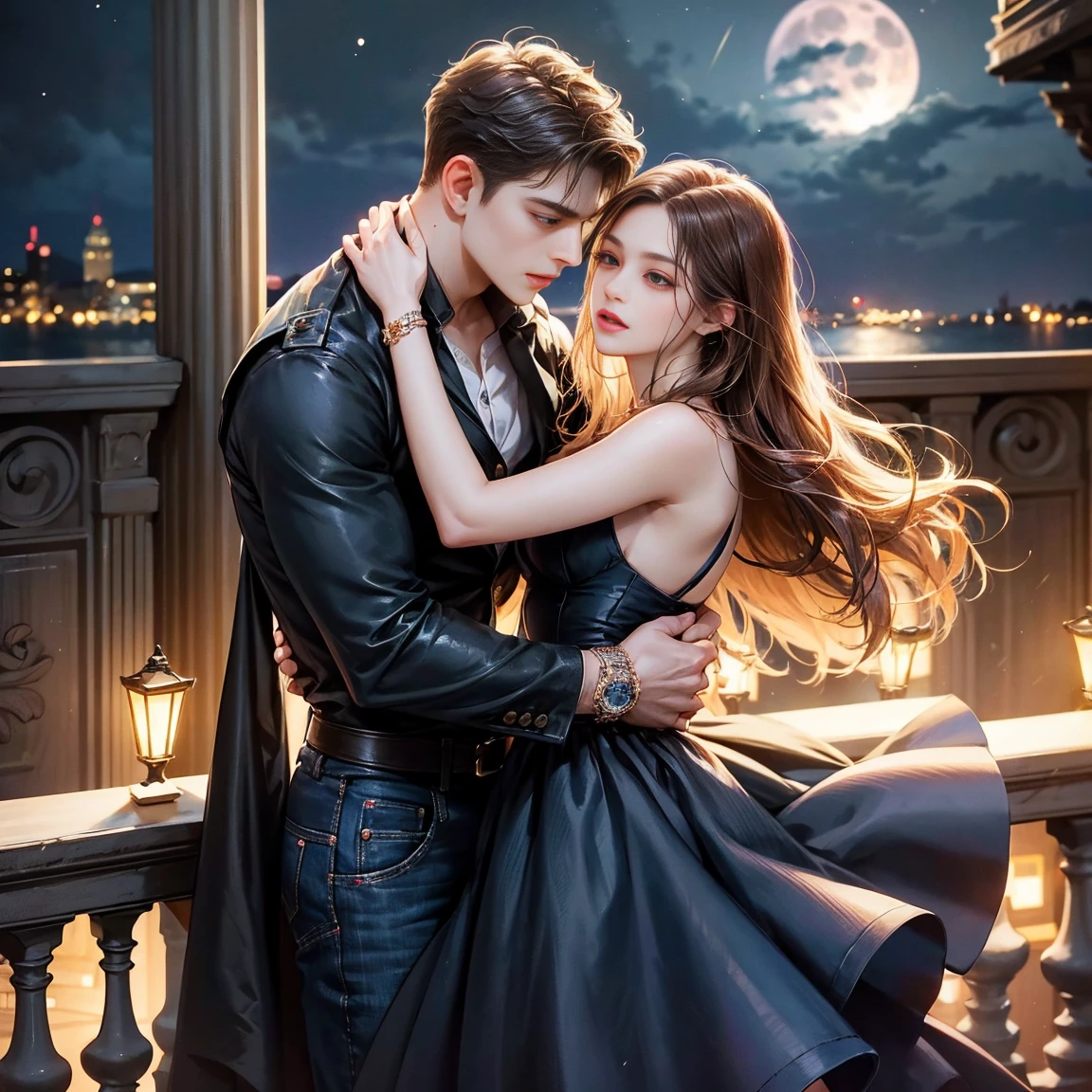 pair, 1 girl 1 boy. Different hair colors, Long wavy brown hair, No bangs and black eyes, Dark blue jeans, jeans, black short hair, Wavy Hair , Pink dress. They looked at each other and danced., different heights, detailed face, detailed hands. They are on the balcony., At night under the moonlight