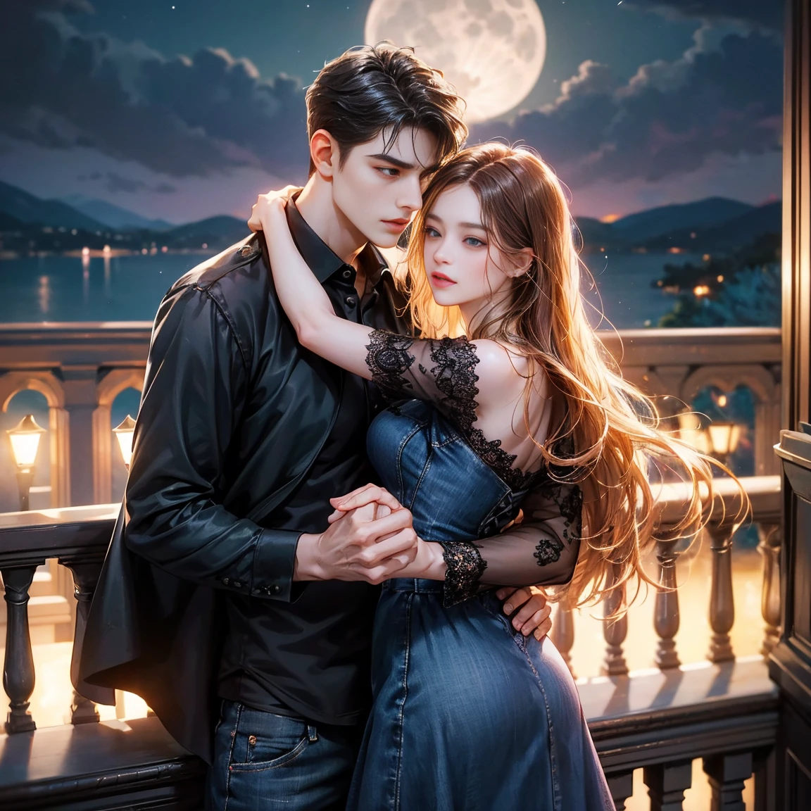 pair, 1 girl 1 boy. Different hair colors, Long wavy brown hair, No bangs and black eyes, Dark blue jeans, jeans, black short hair, Wavy Hair , Pink dress. They looked at each other and danced., different heights, detailed face, detailed hands. They are on the balcony., At night under the moonlight