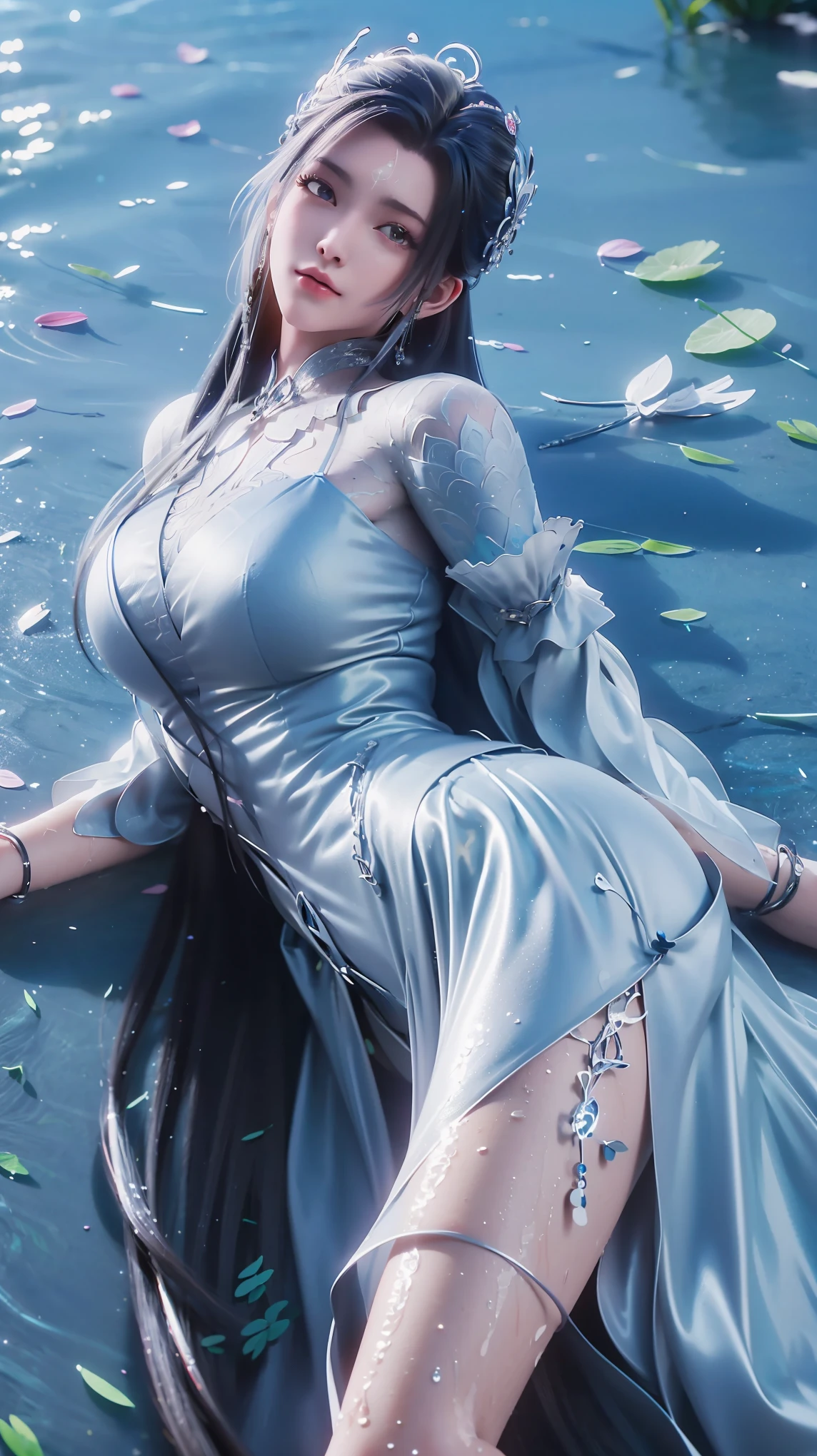 a girl lying on a bed under the starry sky, delicate smile, beautiful detailed eyes, beautiful detailed lips, extremely detailed face and eyes, long eyelashes, voluptuous figure, flowing hair, navel, best quality, masterpiece, super high resolution, (photorealistic:1.4), RAW photograph, (beautiful face:1.2), (lying on water surface:1.5), 1 girl, (surreal), (8K), (4K), physically-based rendering, starry sky, ((full body shot)), bare feet, cross-legged