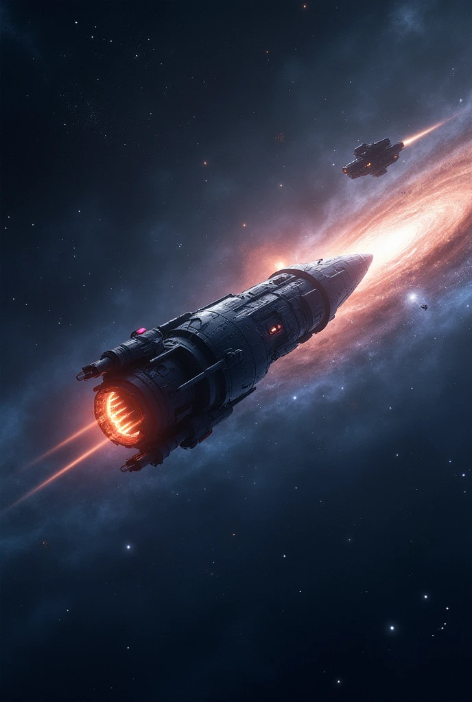 create an image of the capsule corporation ship ( dragoon ball z ) Flying through space, in the background the stars and galaxies