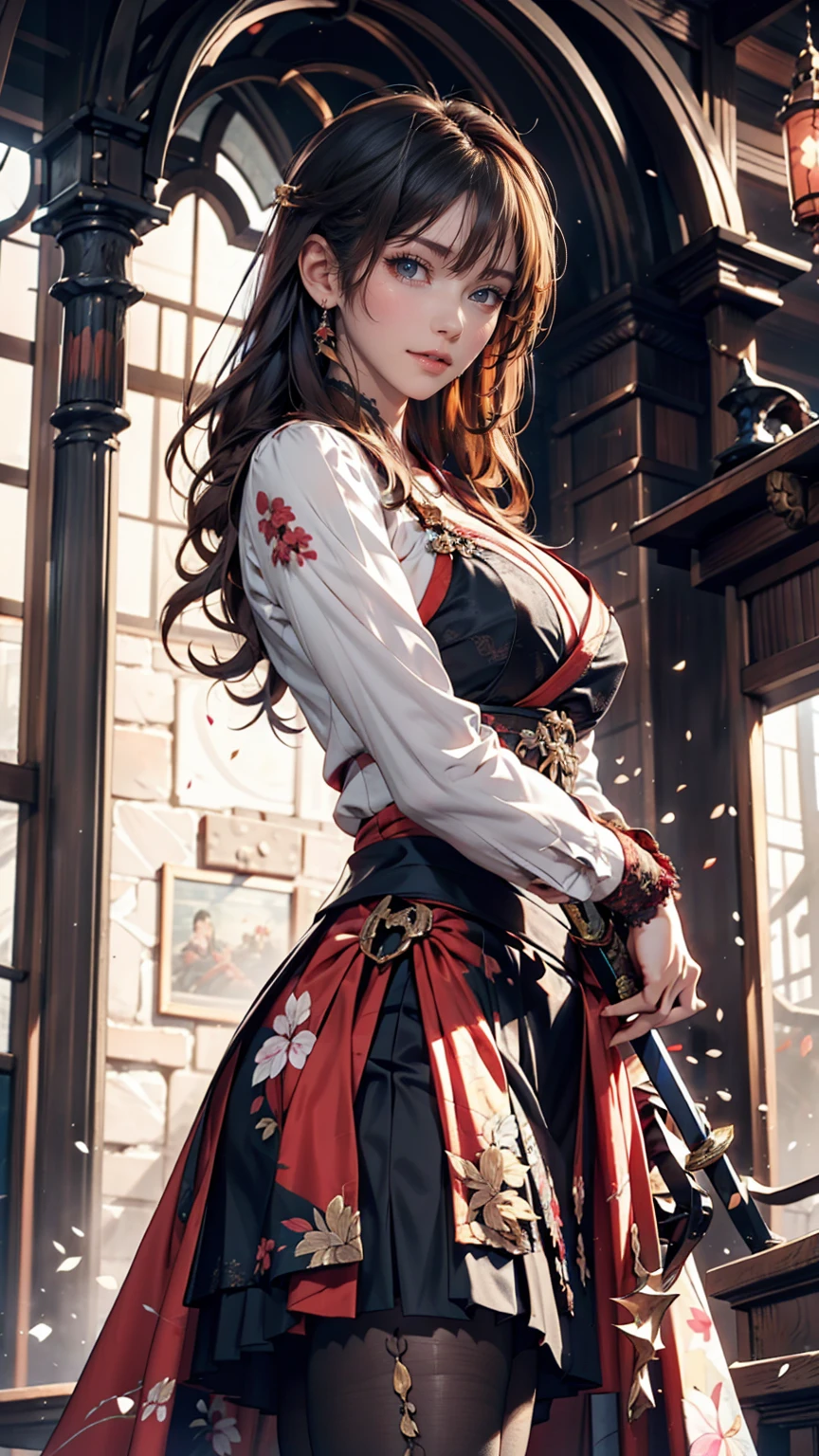 Japanese anime style. woman. middle ages. Europe. Fantasy. skirt. sword. Are standing. whole body. From below.