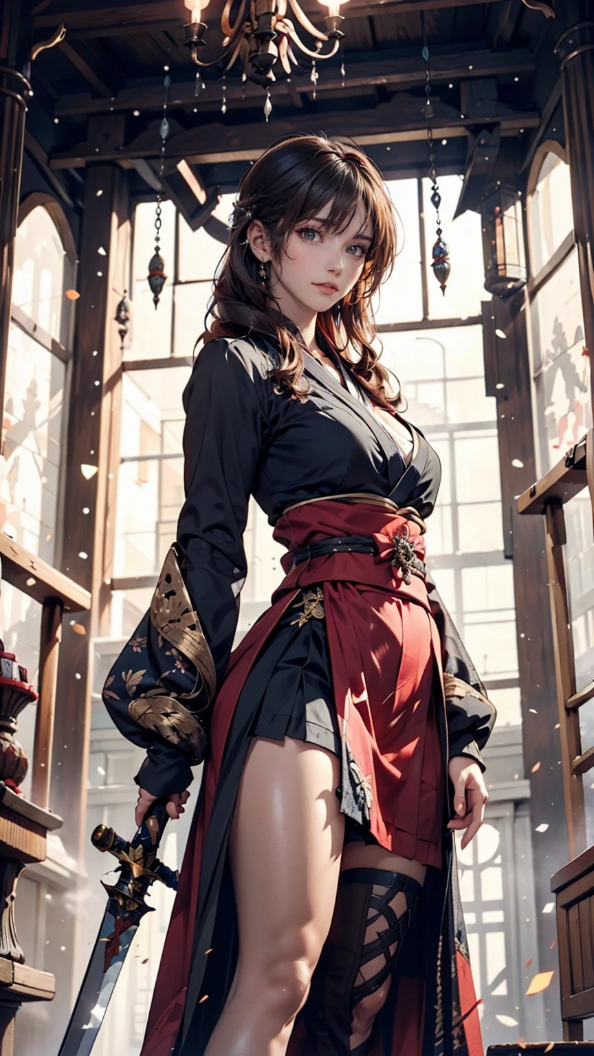 Japanese anime style. woman. middle ages. Europe. Fantasy. skirt. sword. Are standing. whole body. From below.