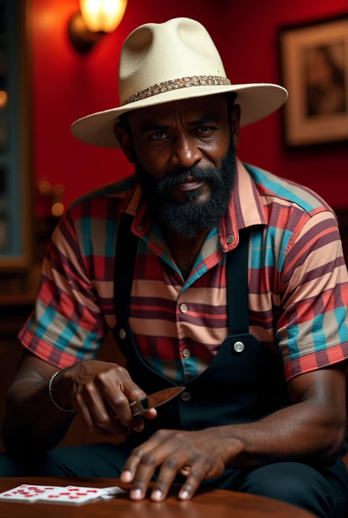 59-year-old black African man, beardless and with an evil expression on his face, full black hair, wearing a long-brimmed white Panama hat, wearing a shirt with alternating horizontal stripes of red and blue and black pants. In his hand, he carries a knife and a deck of cards, sitting at a table in a cabaret..