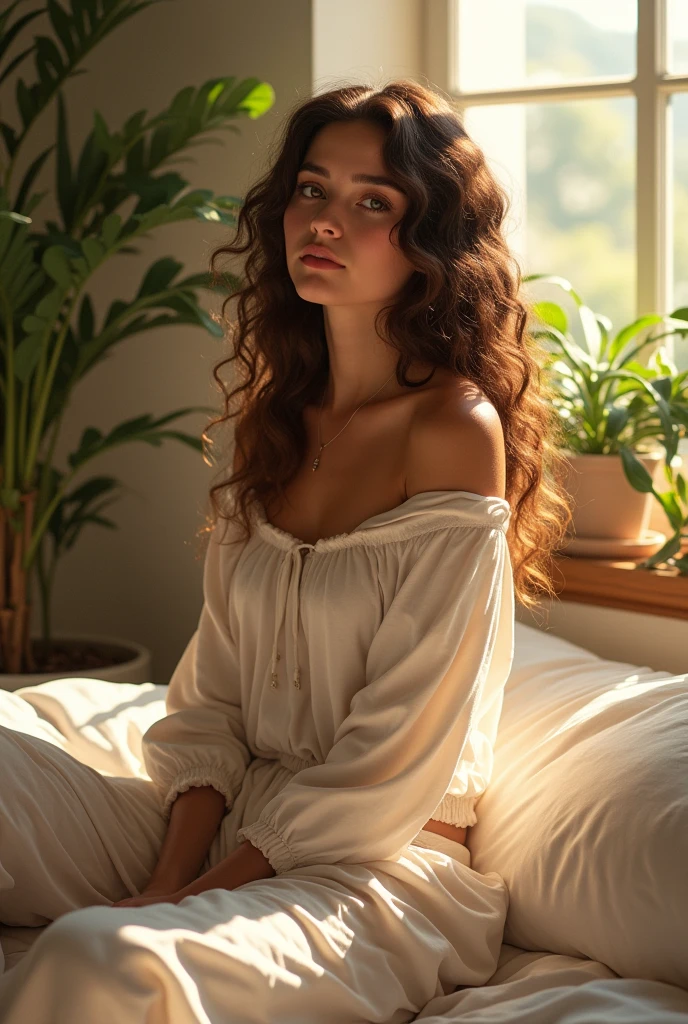 (photorealism:1.2), beautiful woman, sitting on bed, wearing loose off-shoulder top, pajama pants, long curly hair, indoors, soft lighting, plants in background, window with sunlight, cozy room, relaxed pose, realistic, intricate details, warm colors, by Greg Rutkowski, by Alphonse Mucha