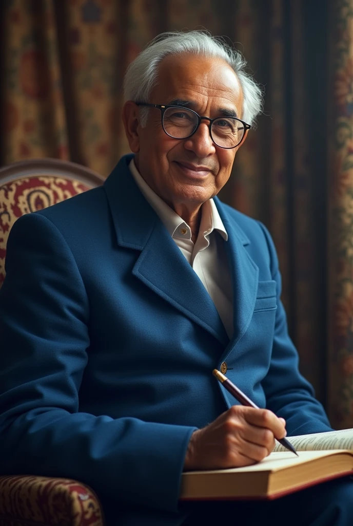 Create a image of Writing a book of youngest, , 28 years old, wear blue coat DR. Ambedkar, Deep detail, Realistic, good looking spread positive aura, beautiful,8k hd quality