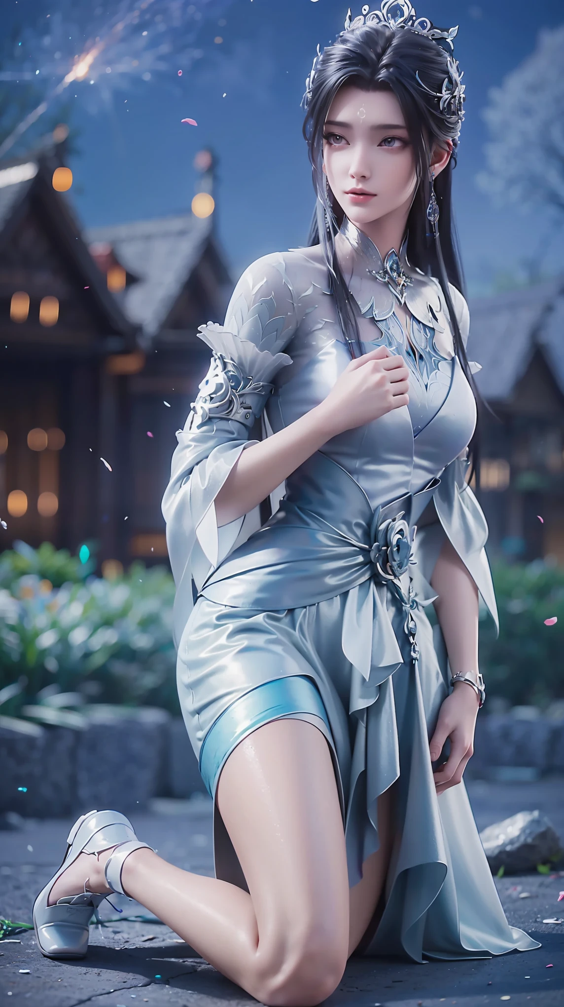 A beautiful anime girl kneeling in the starry sky, with water splashing around her knees, CG trend, smooth anime CG art, starry sky background, full body view, elegant lady kneeling pose, intricate detailed facial features, beautiful defined eyes, sharp nose, delicate lips, long eyelashes, pale skin, detailed clothing folds, soft lighting, vibrant colors, cinematic composition, masterpiece, 8k, hyper detailed, photorealistic, award winning digital art