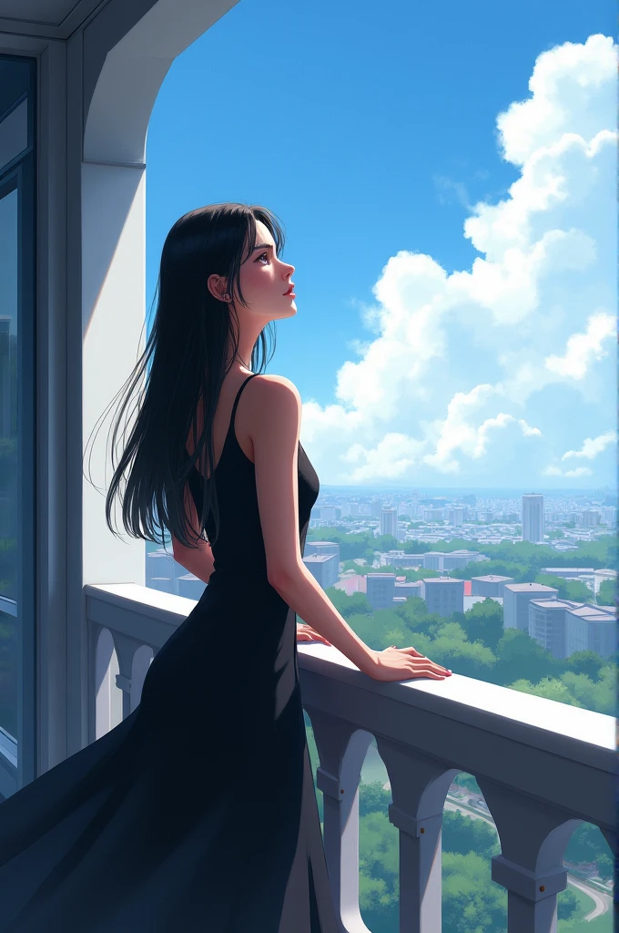 A 21 year old girl standing in a balcony, leaning against the railing watch towards the sky, wearing a black sexy dress , straight hairs falling from her shoulders